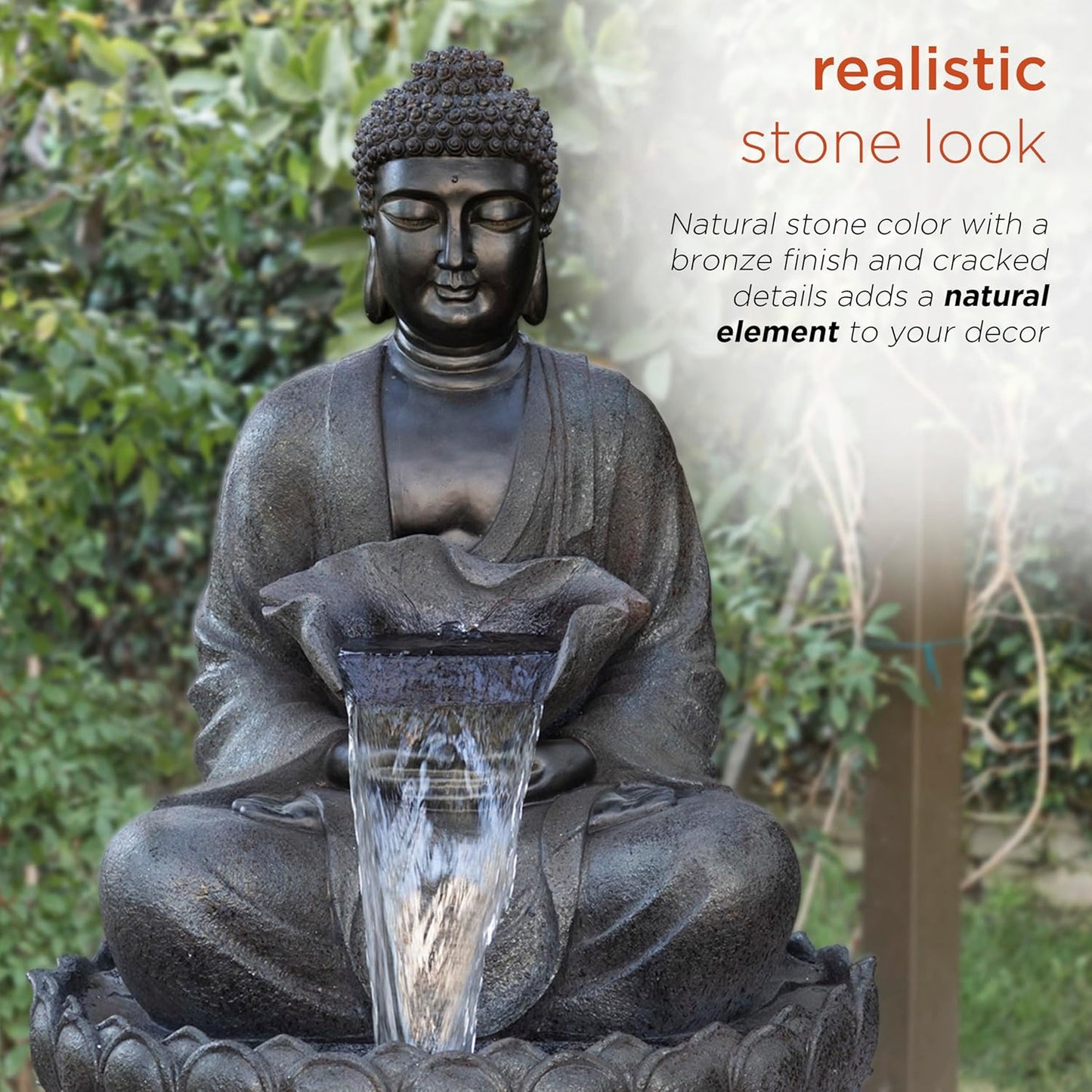 Alpine Corporation WIN1170 53" Outdoor Floor Calming Buddha Statue Waterfall Fountain – Realistic Stone Look, Water Feature for Garden, Patio, Yard, and Outdoor Spaces, Gray