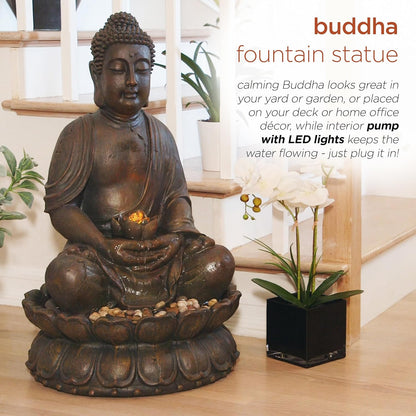 Alpine Corporation GEM122 Outdoor Floor Meditating Soothing Buddha Statue Waterfall Fountain for Garden, 33", Bronze