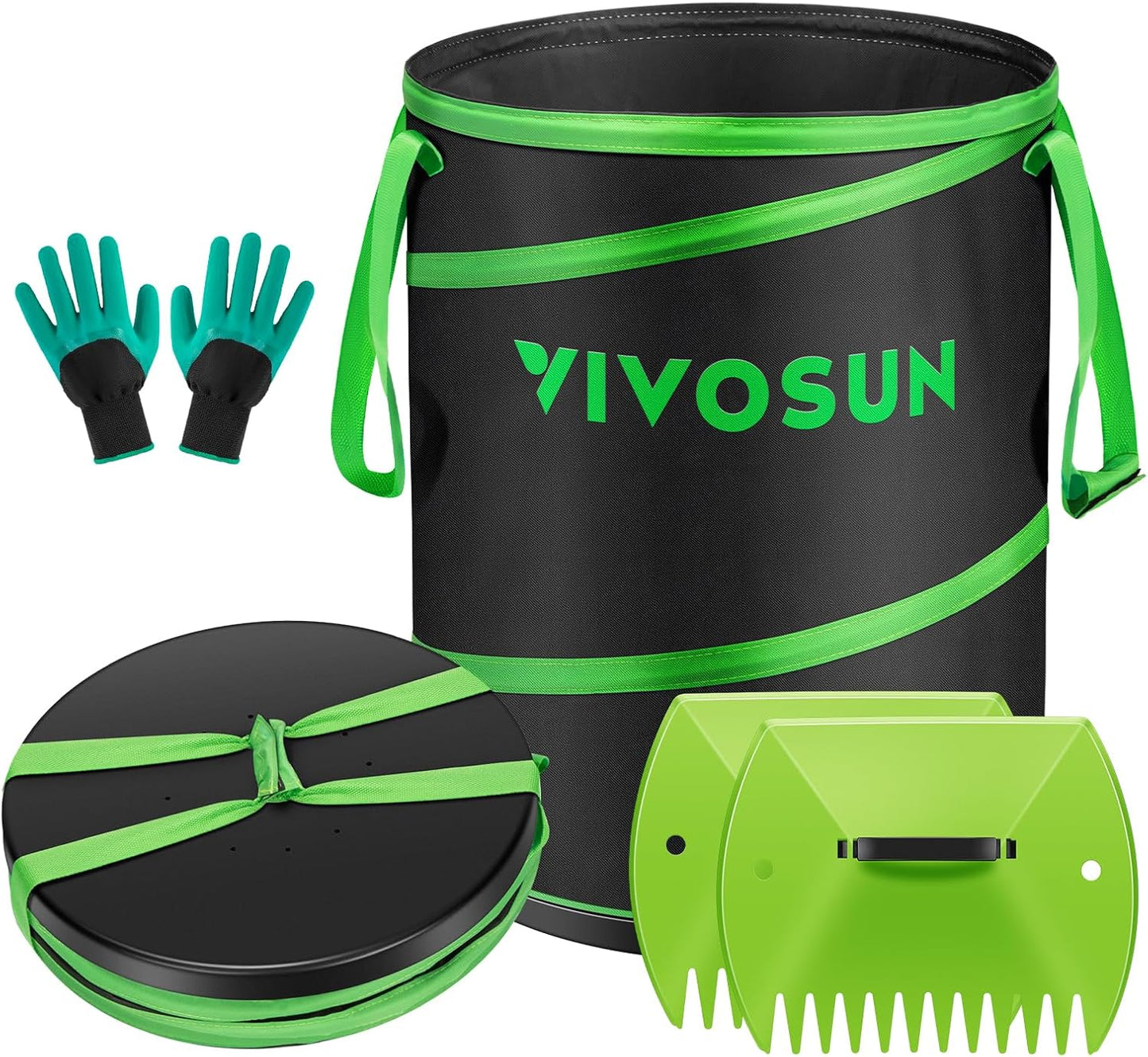 VIVOSUN 40-Gallon Collapsible Garden Bag, Yard Waste Bin with Hard-Shell Bottom, Leaf Scoops and Gloves, Collapsible Yard Waste Containers for Lawn Care and Camping