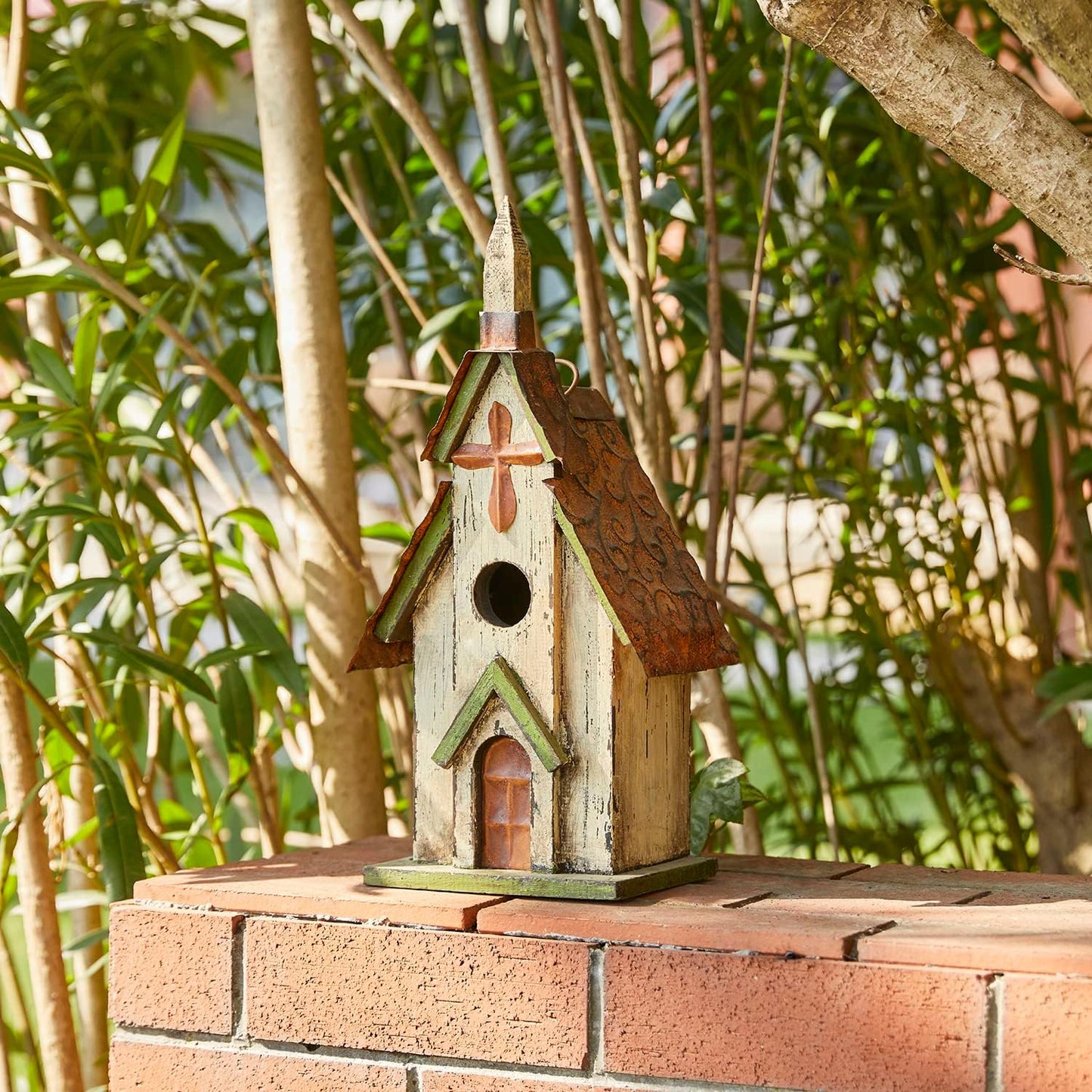 Glitzhome Wooden 14" H Hanging Distressed Church Birdhouse Decorative Garden Bird House