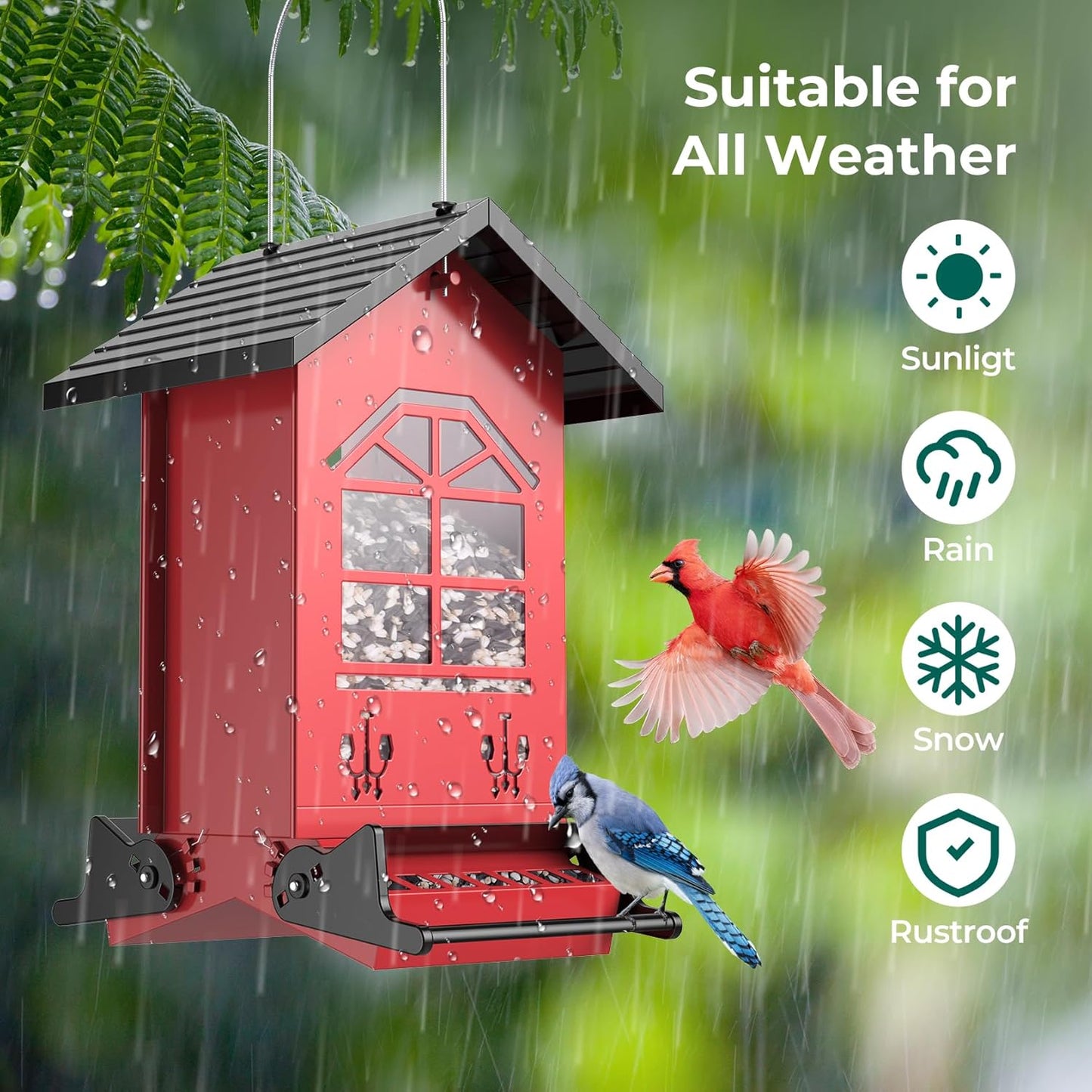 Squirrel Proof Bird Feeders for Outdoors Hanging, 5LBS Large Capacity, Metal Wild Seed Feeder with Bilateral Weight-Activated Perches, Anti Squirrel Birdfeeder for Outside Finch, Cardinal- Red