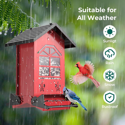 Squirrel Proof Bird Feeders for Outdoors Hanging, 5LBS Large Capacity, Metal Wild Seed Feeder with Bilateral Weight-Activated Perches, Anti Squirrel Birdfeeder for Outside Finch, Cardinal- Red
