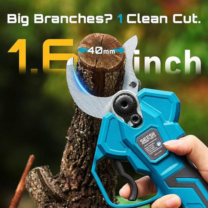 SEESII Electric Pruning Shears Cordless: 1.6" Cutting Diameter Power Pruner - 2 Pcs 4.0Ah Batteries, Brushless Motor, Extra SK5 Blade, 4 Modes Adjustable Branch Cutter for Tree Flower Trimming