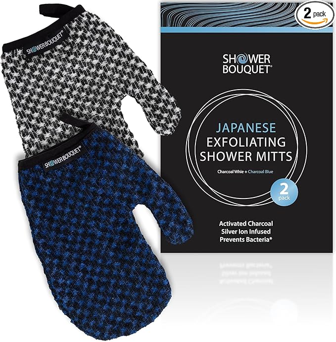Japanese Exfoliating Mitt 2-Pack - Charcoal & Silver Ion Exfoliating Gloves for Shower - Soft Inner Fabric Gentle Exfoliation & Deep Cleansing Body Scrub Gloves for All Skin Types - 1 White, 1 Blue