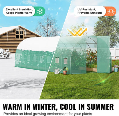 VEVOR Walk-in Tunnel Greenhouse, 27.4x9.5x7.4 ft Hoop House Greenhouse Tunnel, Plant Hot House with Galvanized Steel Frame, Green PE Cover, Swing Door and 16 Roll-up Windows for Outdoor