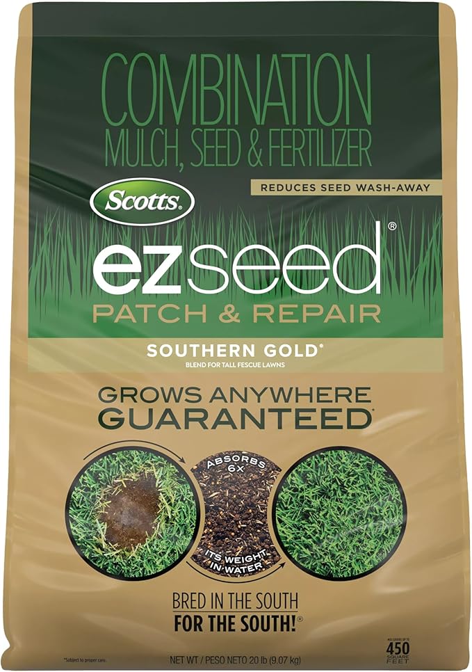 Scotts EZ Seed Patch & Repair Southern Gold Blend for Tall Fescue Lawns, Mulch, Grass Seed and Fertilizer for Bare Spots and Repair, Bred for The South, 20 lbs.