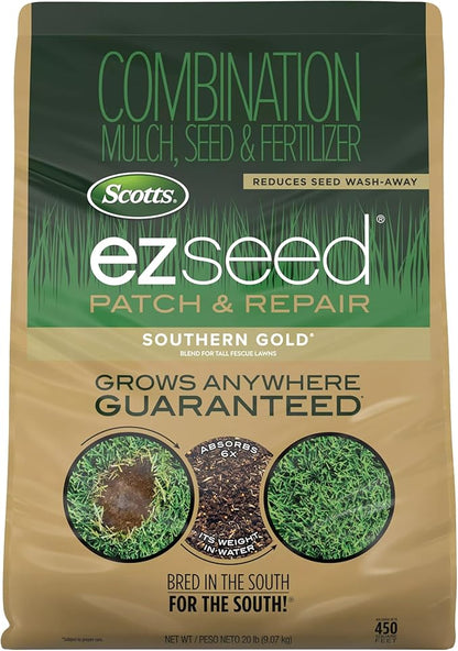 Scotts EZ Seed Patch & Repair Southern Gold Blend for Tall Fescue Lawns, Mulch, Grass Seed and Fertilizer for Bare Spots and Repair, Bred for The South, 20 lbs.