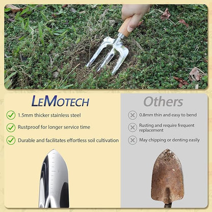 LeMotech Gardening Tools, 10-Piece Heavy Duty Garden Hand Tools Set with Wooden Handle, Durable Fashion Organizer Bag for Garden Supplies, Gardening Gifts for Women Grandmother, Yellow Floral Pattern