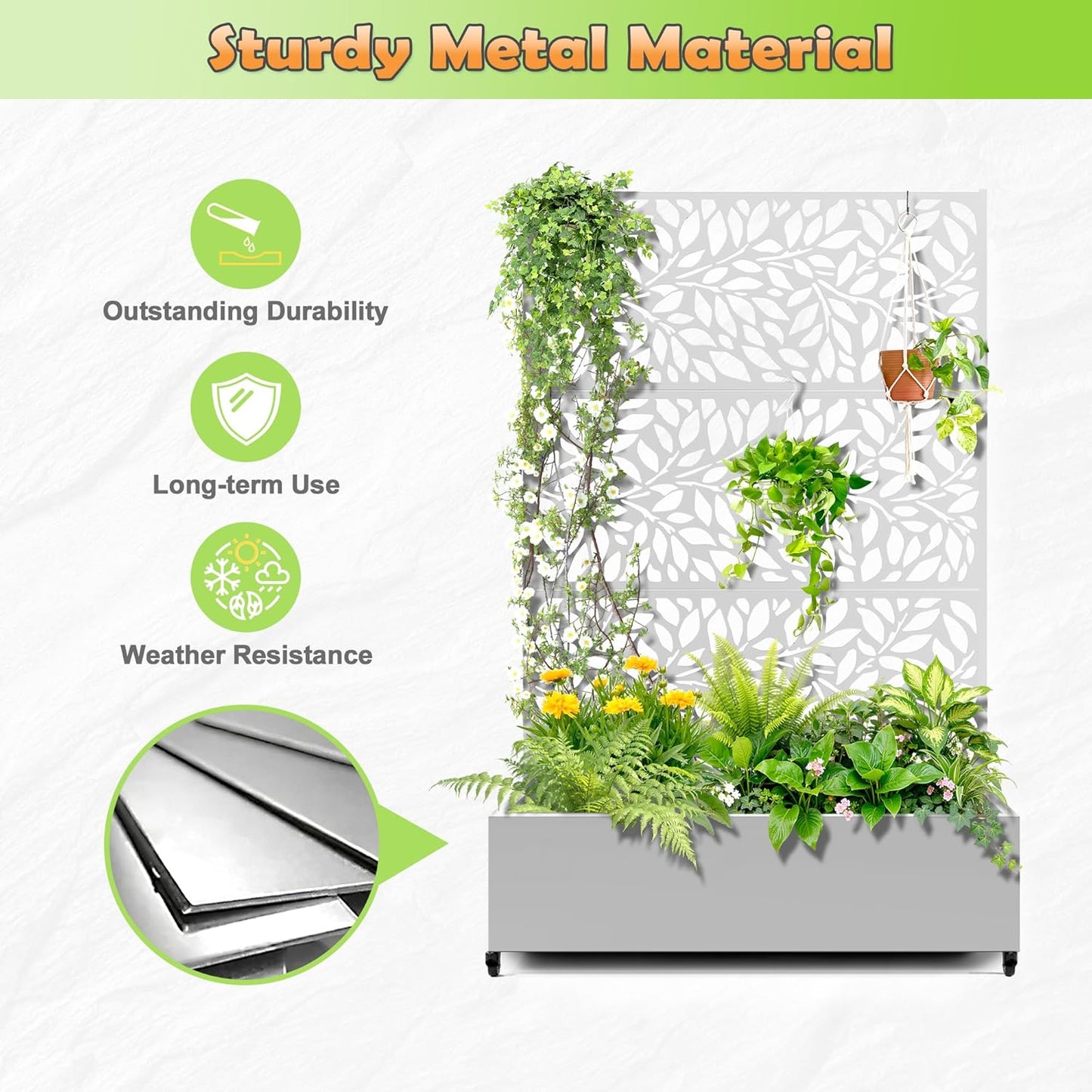 Metal Raised Garden Bed with Trellis, 2 in 1 Trellis with Planter Box & Privacy Screen for Climbing Plants, Vine, Outdoor Standing Flower Beds with Drainage Holes,47.2" L x 16.7" W x 70.8" H,(White)