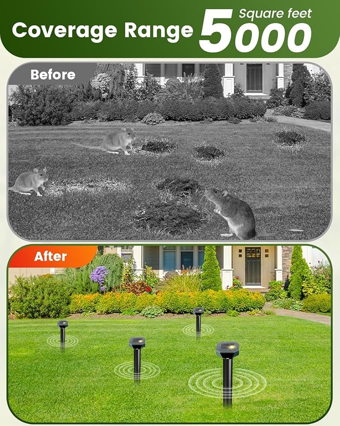Snake & Mole & Rabbit & Skunk Repellent Solar Powered, 2025 Upgraded Ultrasonic Deterrent, IP65 Waterproof, Gopher Groundhog Chipmunk Raccoon and Vole Repellent & Deterrent for Lawn & Garden, 10 Pack