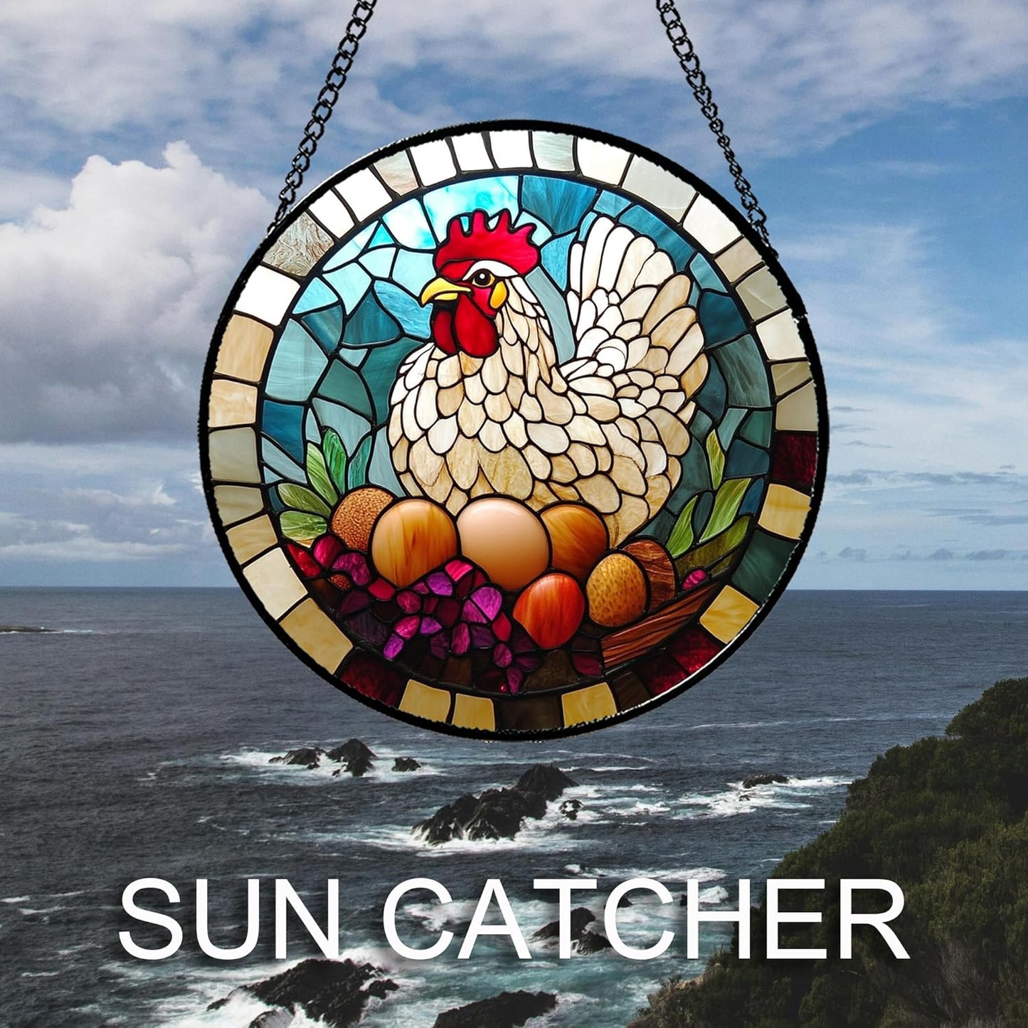 Stained Glass Window Hanging White Chicken Hatching Eggs 6.3" - Suncatcher Door Garden Sunroom Sun Catcher Home Decor Birthday Christmas for Mom Men Woman Nana