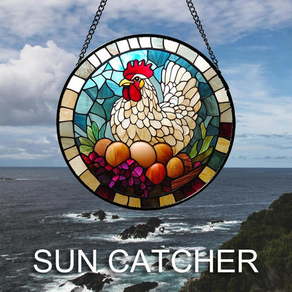 Stained Glass Window Hanging White Chicken Hatching Eggs Large 15" - Suncatcher Door Garden Sunroom Sun Catcher Home Decor Birthday Christmas for Mom Men Woman Nana