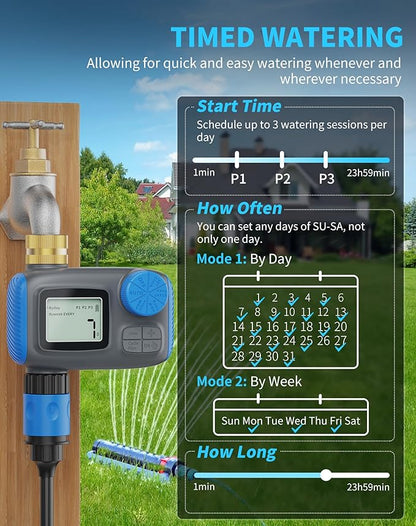 Sprinkler Timer, Programmable Hose Timers for Watering with Brass Swivel, Digital Irrigation Controller System with Rain Delay/Manual Mode/Automatic Watering for Outdoor Garden Yard Lawn