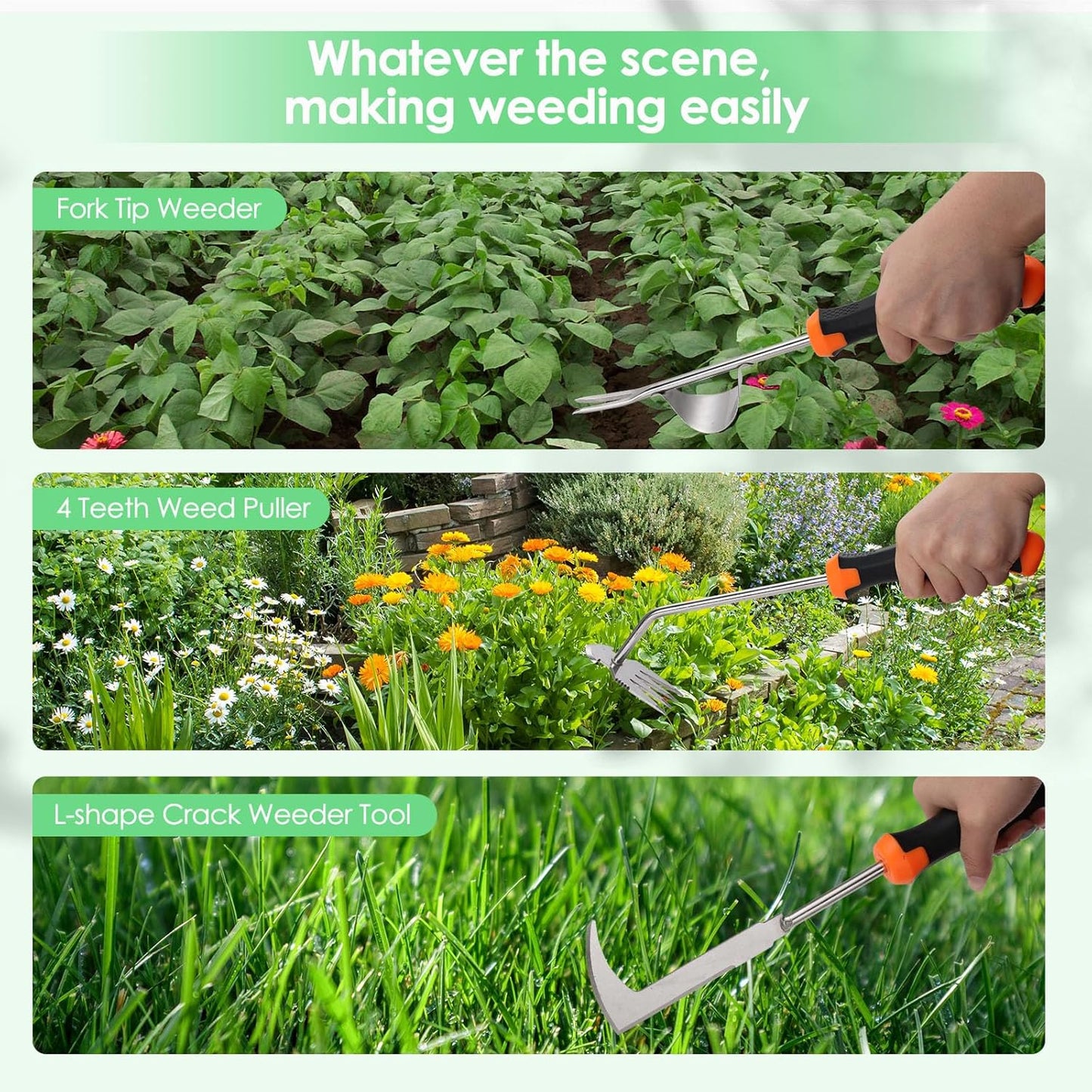 Weed Puller Tool, Set of 3, Rubber Handle Weed Remover Tool, Manual Weeder,L-Shaped Weeding Tool, Thickened Stainless Steel Crack Weeder,Planting and Weeding for Garden, Patio, Backyard Farm