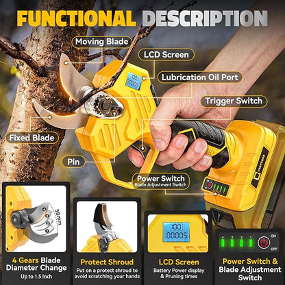 Pruning Shears Compatible with DeWalt 20v Battery, 1.5-2-Inch Cordless Electric Pruner with LCD Display & Imported SK7 Steel Blades for Gardening Tree Pruning(No Battery)