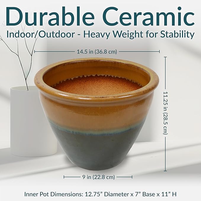 Sunnydaze Large Ceramic Plant Pot - Round Outdoor Glazed Ceramic Planter Pot with Drainage - Chalet - Forest Lake Green - 14.5"