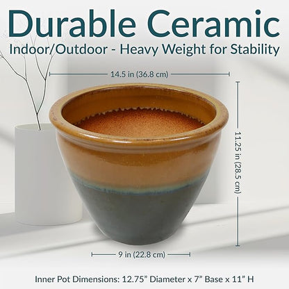 Sunnydaze Large Ceramic Plant Pot - Round Outdoor Glazed Ceramic Planter Pot with Drainage - Chalet - Forest Lake Green - 14.5"