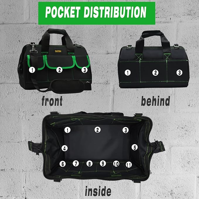 FASTECH 20 Inch Tool Bag With Comfortable Shoulder Straps, Waterproof Wide Mouth Tool Kit, Large Tool Bag Tool Storage Package For Men/Women (20IN Green)