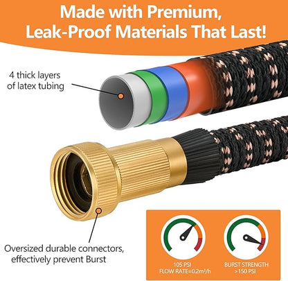 75ft Garden Hose – 2025 Upgarded Expandable Garden Hose w/10 Pattern Thumb Spray Nozzle, 650psi Pure Brass 3/4” Fittings – Lightweight, Durable, and Kink-Free(Black Rose Gold)