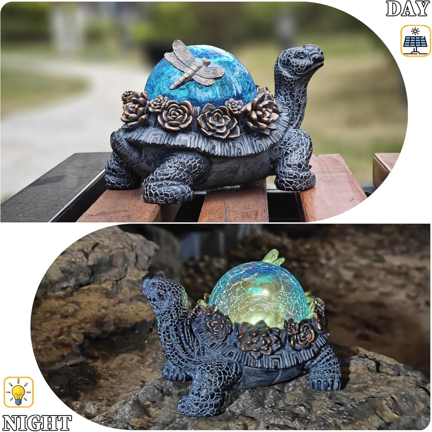 Outdoor Turtle Statue – Resin Animal Figurine with Blue Crystal Solar Lights,Golden Succulent Accents & Dragonfly Decor, Cute Garden Ornament, Yard Art for Lawn, Patio,Mom Wife Unique Gifts