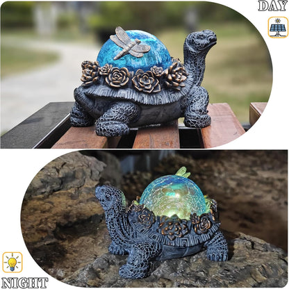 Outdoor Turtle Statue – Resin Animal Figurine with Blue Crystal Solar Lights,Golden Succulent Accents & Dragonfly Decor, Cute Garden Ornament, Yard Art for Lawn, Patio,Mom Wife Unique Gifts