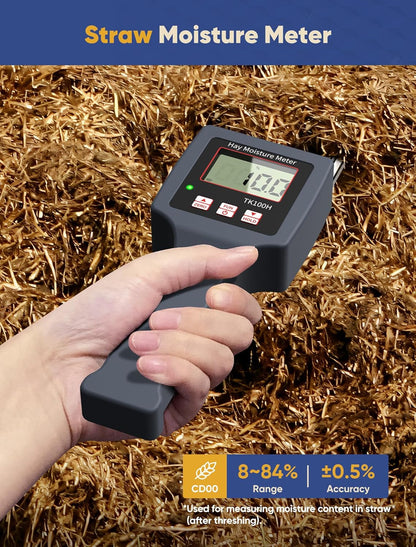 Hay Moisture Tester with Probe Accurate Moisture & Temperature Detection, Portable Hay Bale Moisture Tester for Forage and Alfalfa, with LED Warning & Automatic Temperature Compensation Moisture Meter