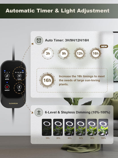 GLOWRIUM 24W LED Grow Light for Indoor Plants, 23.5-71" Adjustable Height, 3-Growing Full Spectrum for Tall Grow Light, High PPFD, 3/9/12/16H Timer, 6-Level Dimming, Ideal for Large Tall Plants