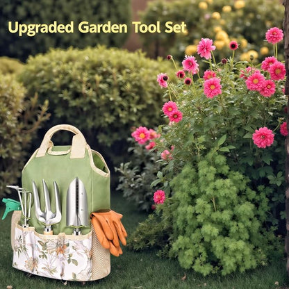 Gardening Tool Set 10 Pieces, Heavy Duty Stainless Steel Garden Tool Set Hand Tools with Roomy Lightweight Floral Tote Bag, Rust-Proof Garden Tools for Gardening, Ideal Gardening Gifts for Women Mom