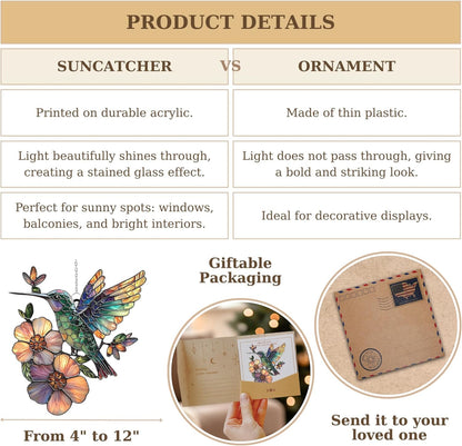 Hummingbird and Flower Acrylic Suncatcher Stained Glass Effect Window Car Hanging Christmas Ornament Outdoor Indoor Decor Garden Sun Catcher Panel for Bird Lover for Women Mom Grandma