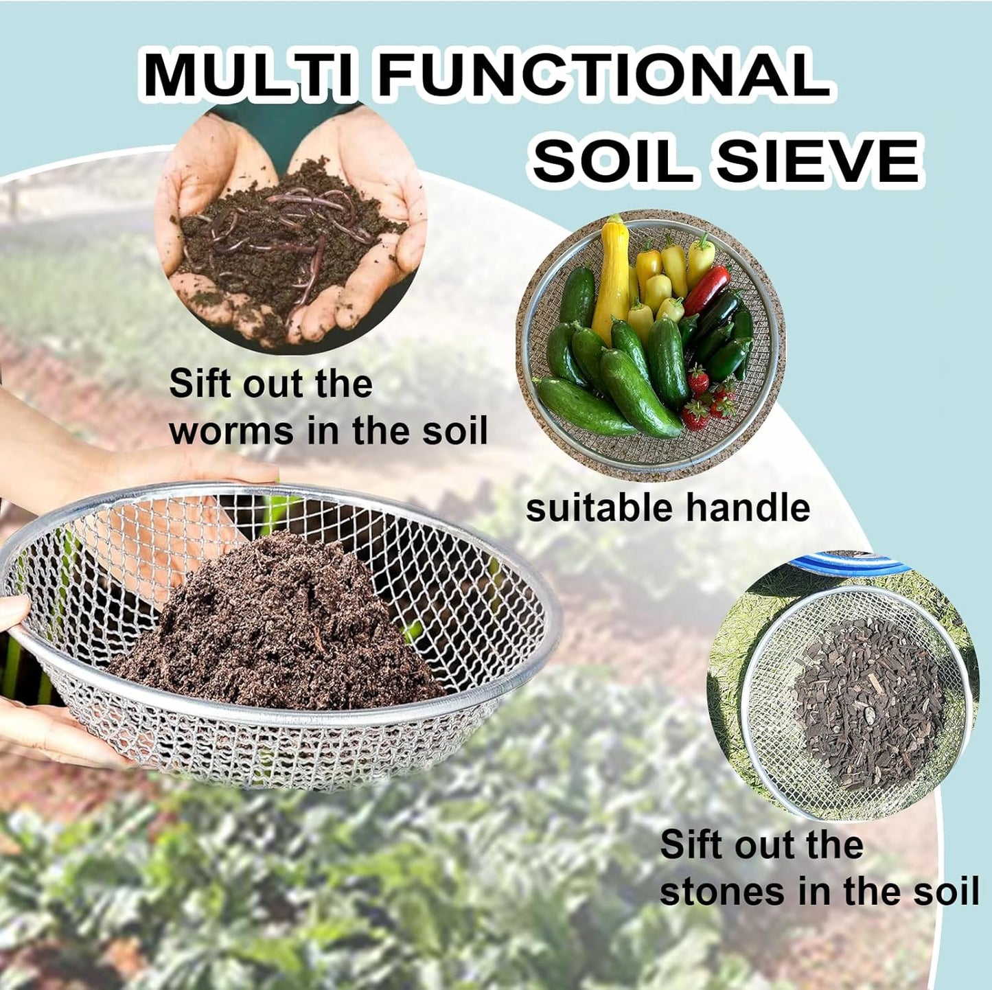 2PCS Soil Sifter for Gardening, Rock Sifter for 5gallon,Compost Sifter Dirt Sifter,Captures Dirt Rocks Sawdust
