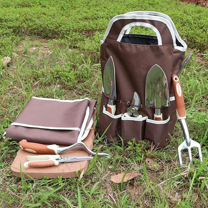 Brown Gardening Tools Set 12-Piece, Garden Hand Tool Kit with Non-Slip Ergonomic Handle, Storage Tote Bag, Garden Apron, Gloves and Kneeling Pad, Gardening Gifts for Women Men Plant Lover