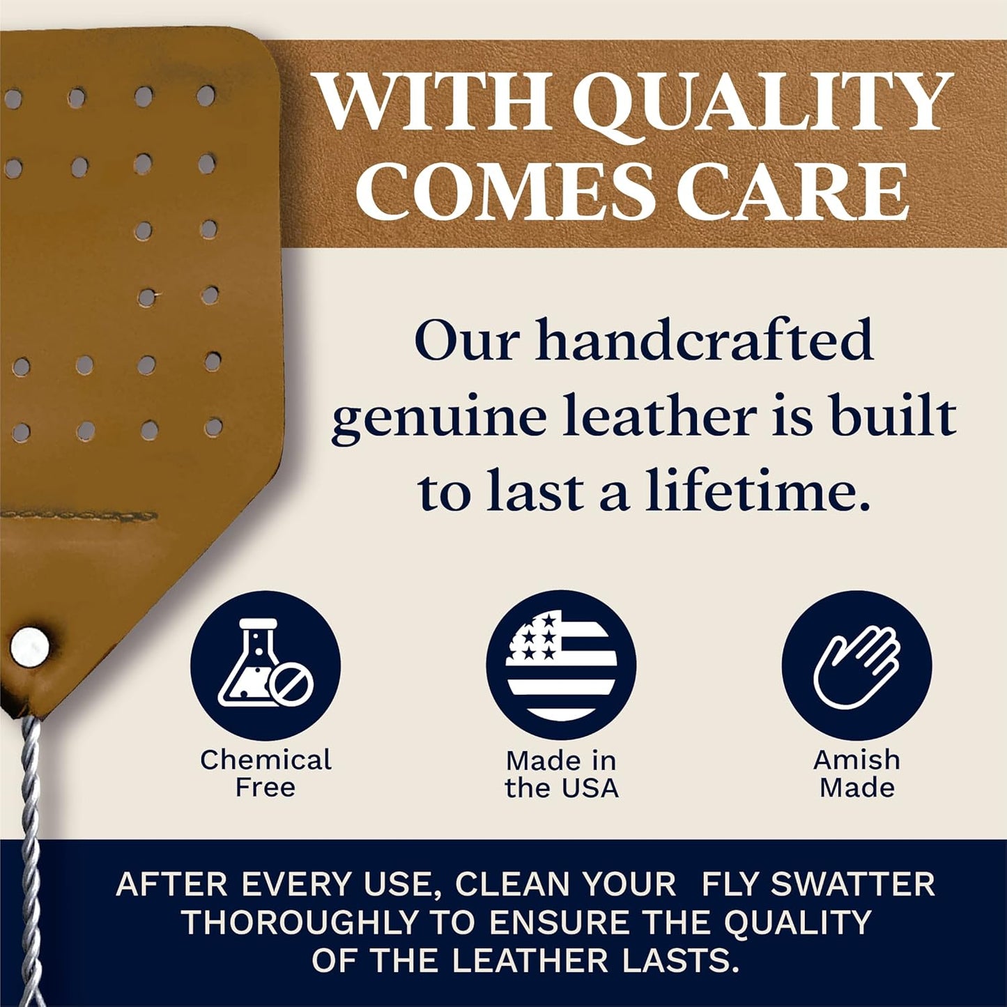 Leather Fly Swatter Set (1 Pack) – 17” Amish-Made Fly Swat w/Real Leather Paddle – Fly Swatters Multi Pack w/Metal Handle – Bug Swatter, Mosquito Swatter, Wasp Swatter (Brown)