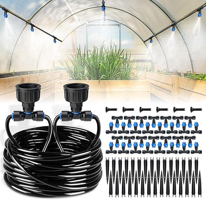 HIRALIY 118FT Greenhouse Misting Drip Irrigation Kit, Hanging Plant Watering, Garden Watering System with 1/4" Blank Tubing and Misting Nozzles, Quick Connector Design Automatic Irrigation System
