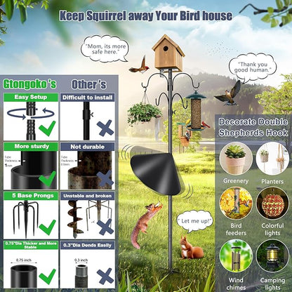 Gtongoko Smart Bird Feeder Pole Squirrel Proof 94 Inch with 4 Shepherds Hooks Hanging Bluebird House Pole for Outdoors Squirrel Baffles for Feeders Metal Heavy Duty Mounting Kit