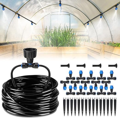 HIRALIY 59FT Greenhouse Misting Drip Irrigation Kit, Hanging Plant Watering, Garden Watering System with 1/4" Blank Tubing and Misting Nozzles, Quick Connector Design Automatic Irrigation System
