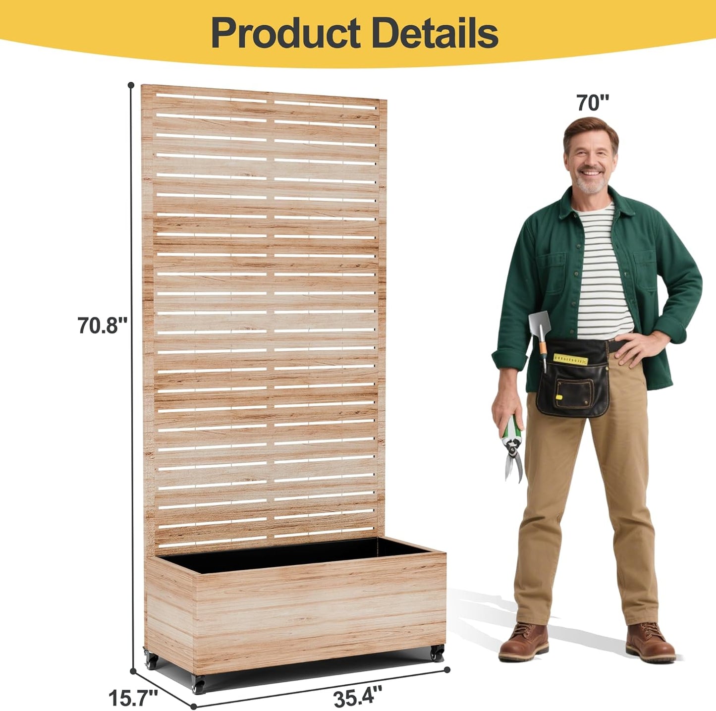 Raised Garden Bed with Trellis and Wheels,73"x35"x16" Metal Raised Garden Bed,Acacia Finish Metal Planter with Climbing Trellis for Vines & Vegetables