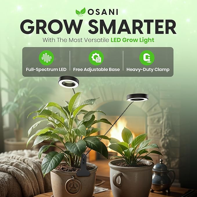 OSANI 24" Gooseneck Long Arm Grow Light, 48" Wide Coverage, 6000K Full Spectrum LED Grow Lights for Indoor Plants with Red Blue LEDs, 10-Level Dimmable, Auto Timer, USB & Adapter, Grow Lights Indoor