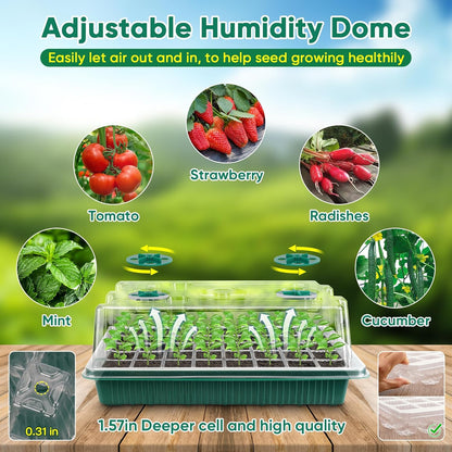 BlumWay Seed Starter Tray with Grow Light,3 Pack 120 Cells Seedling Tray with Humidity Dome/Indoor Grow Kit for Deep-Rooted Seedlings,Adjustable/Timed Light Plant Starter Set