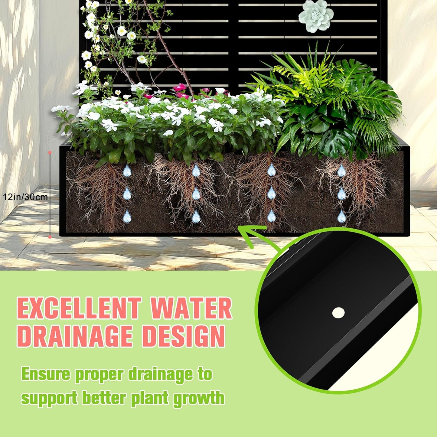 Metal Planter Box with Trellis, Raised Garder Bed with Drainage Hole, Privacy Screen & Trellis for Climbing Plants, Plant Stands, 47''L×17''W×71''H, Black