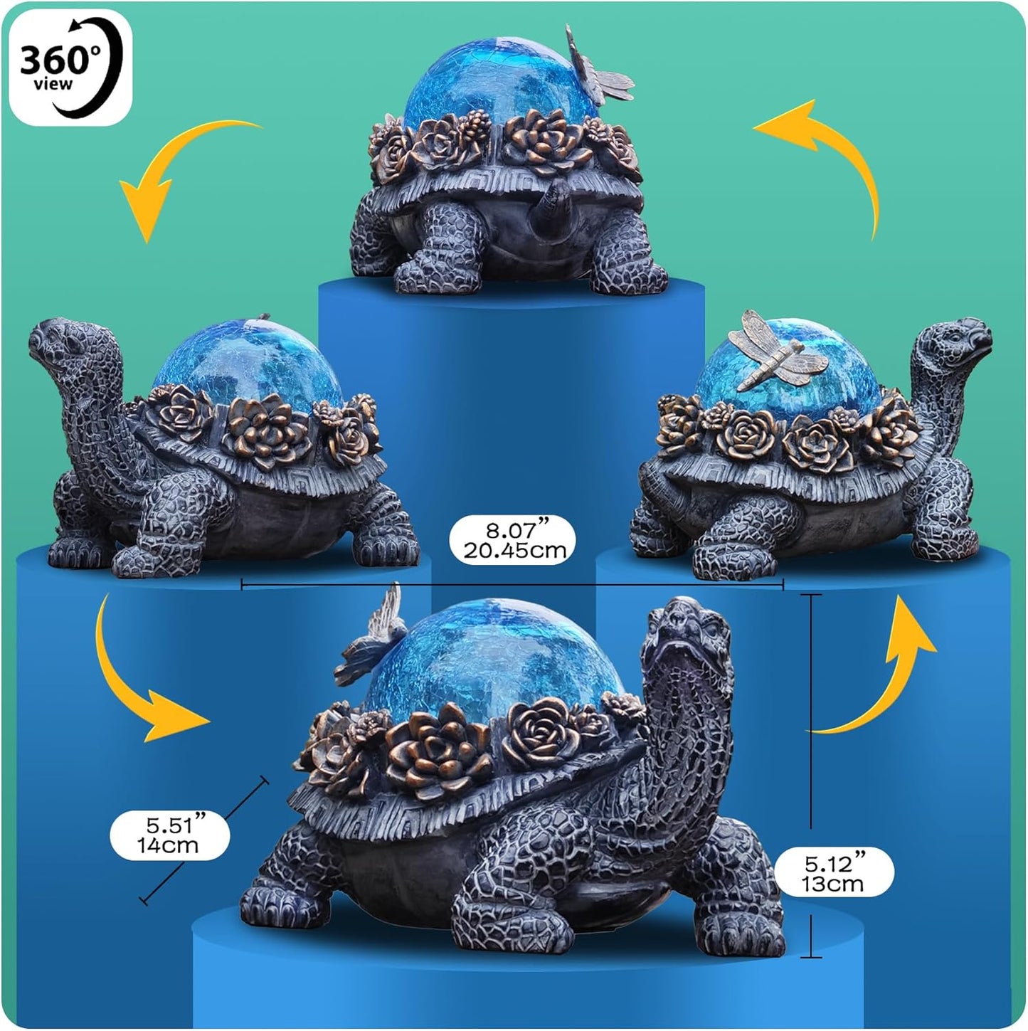 Outdoor Turtle Statue – Resin Animal Figurine with Blue Crystal Solar Lights,Golden Succulent Accents & Dragonfly Decor, Cute Garden Ornament, Yard Art for Lawn, Patio,Mom Wife Unique Gifts