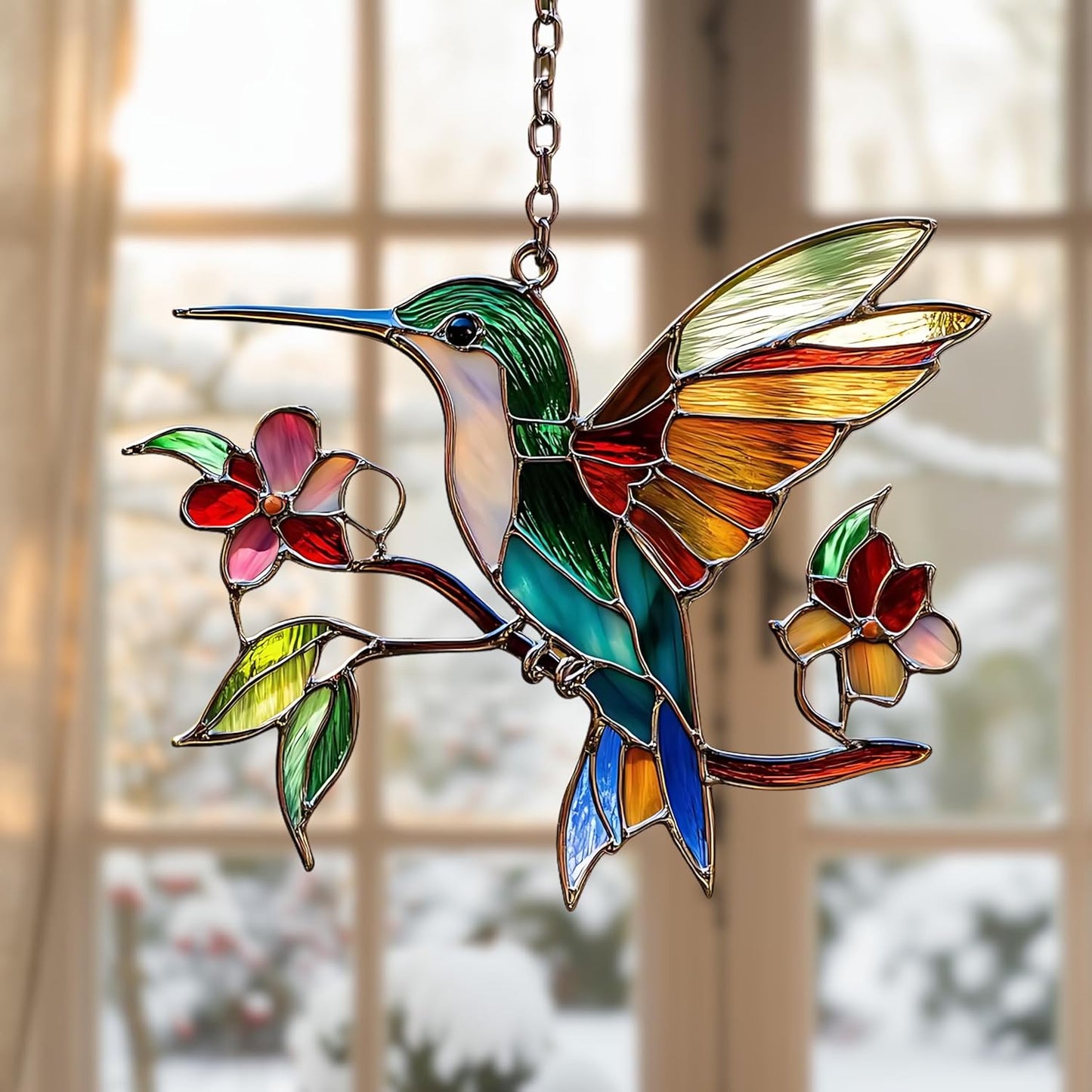 Hummingbird and Flower Acrylic Suncatcher Stained Glass Effect Window Car Hanging Christmas Ornament Indoor Outdoor Decor Garden Sun Catcher Panel for Bird Lover for Women Mom Grandma