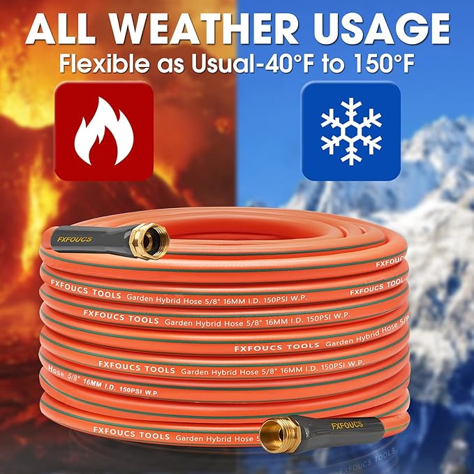 Heavy Duty Garden Hose – 5/8 Inch Flexible, Lightweight Hybrid Hose with 600 PSI Burst Pressure, Swivel Handle,All-Weather Water Hose, Durable Copper Male/Female Fittings (Orange, 75FT)