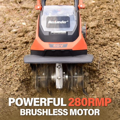 MAXLANDER Cordless Tiller Cultivator, 40V 12-Inch Brushless Battery Powered Garden Tiller with 4 Steel Tines, Powerful 280 RMP Rototiller, 2x4.0Ah Battery and Charger Included