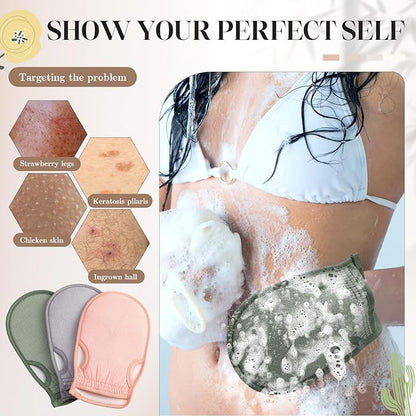 3 Pcs Korean Exfoliating Gloves with Thumb Holes Thorough Exfoliating Mitts for Dead Skin Removal Shower, Machine Washable, Reusable and Skin-friendly Material