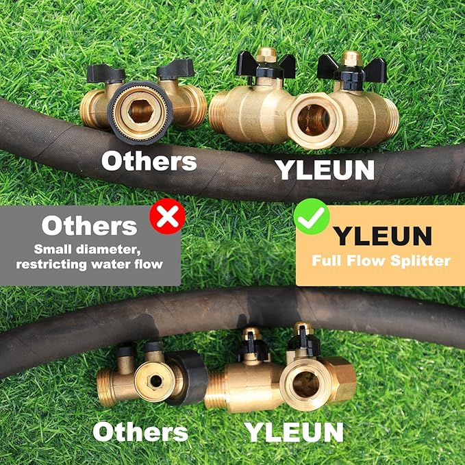 Garden Hose Splitter Full Flow Splitter No Restricted-Flow Connector Heavy Duty Brass Hose y Splitter, 2 way High Flow Hose Bib Adapter with Shut Off Valves (Butterfly Handle)