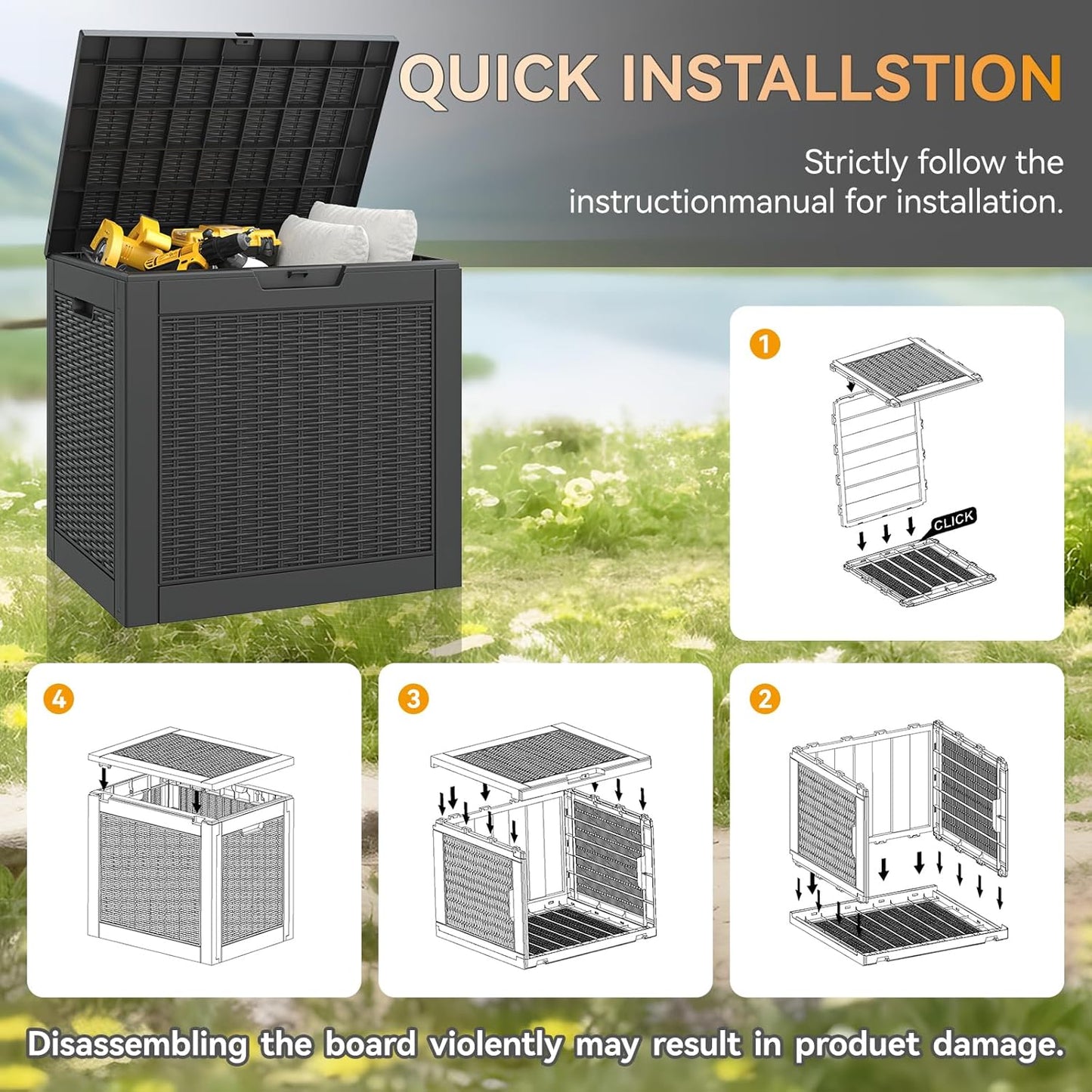 Outdoor Storage Box, Resin Deck Boxes Indoor and outdoor, Waterproof Storage Box Lockable Lid (Black, 31 Gallon)