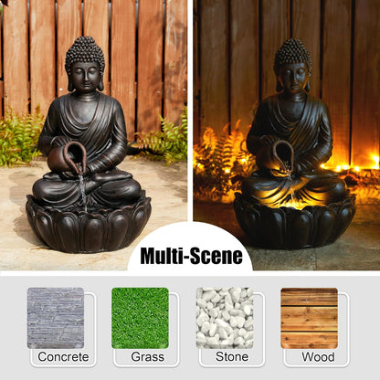 Glitzhome Buddha Fountain Outdoor 2 Tier Zen Style Buddha Water Fountains with Pump & LED Light, Buddha Fountains and Waterfalls Outdoor Floor Fountain Buddha Statues for Garden Patio Backyard 21" H