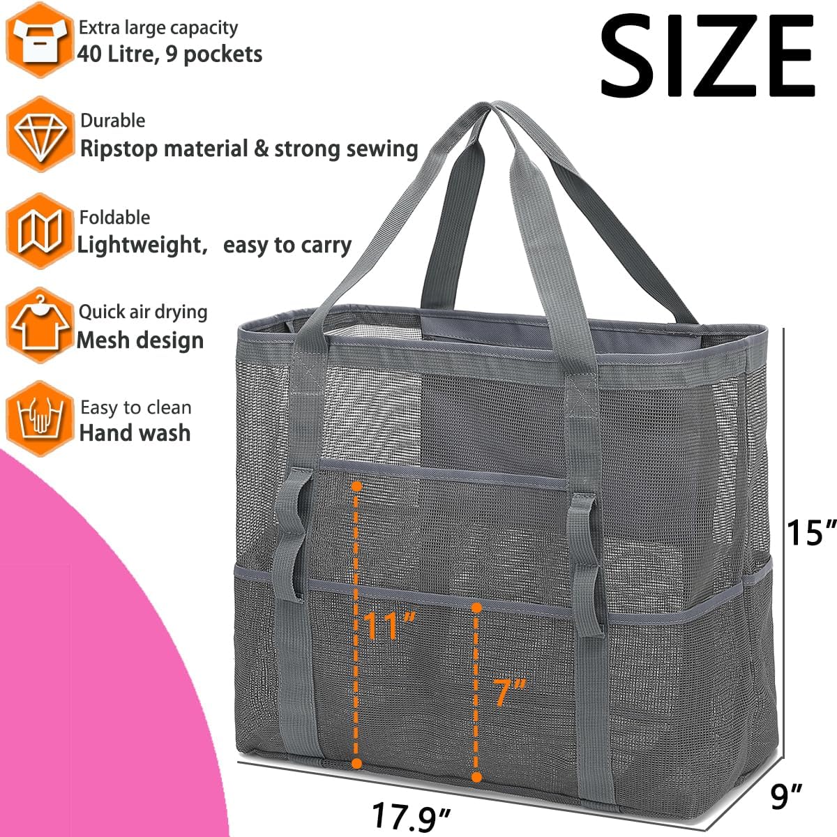 Mesh Beach Bag, Large Beach Tote with Zipper Pocket for Family Pool Bag for Toys & Vacation Essentials