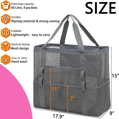 Mesh Beach Bag, Large Beach Tote with Zipper Pocket for Family Pool Bag for Toys & Vacation Essentials