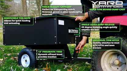 Yard Commander - 400LB Heavy Duty Tow Behind ATV Trailer Steel Dump Cart - 10-Cubic Feet Capacity - Garden Utility Trailer - Trailers with Removable Tailgate for Riding Lawn Mower Tractor